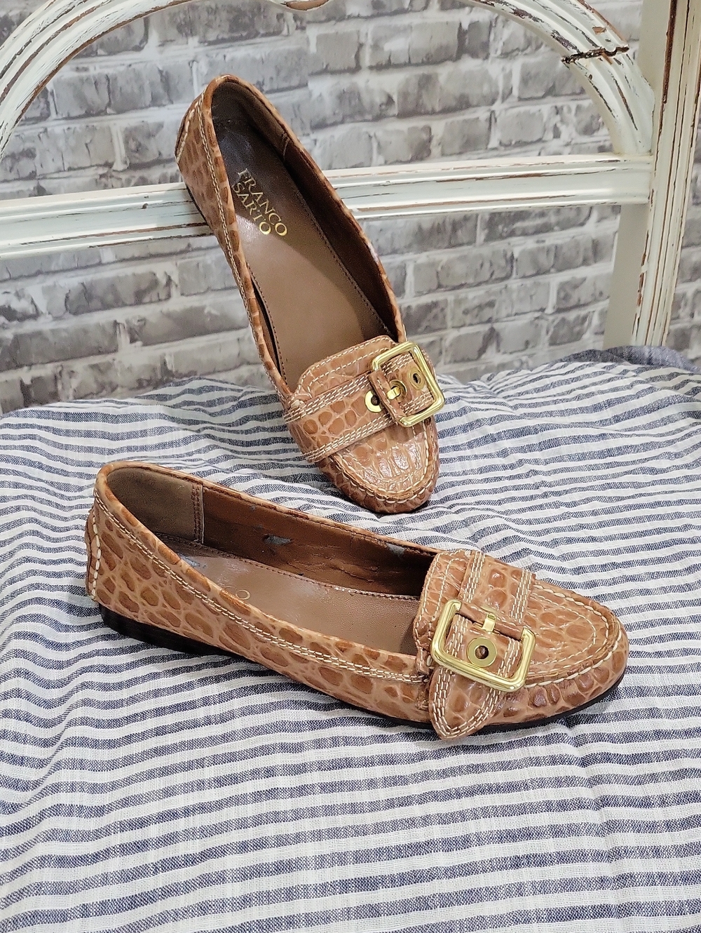 Franco Sarto Faux Croc-Embossed Tan Driving Loafers with Gold Buckle Accent 5.5